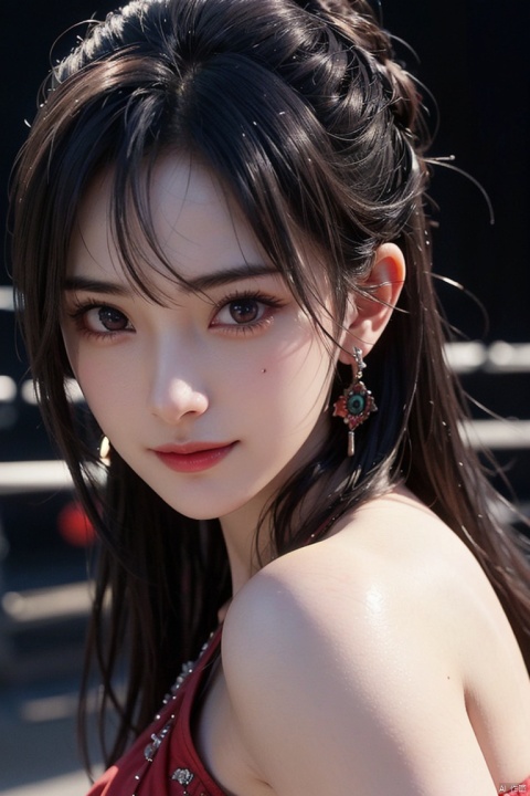  mimi,masterpiece,ultra quality,realistic,photo,1 girl,beautiful young (((boxer))),smile,detailed face,shiny skin,black straight hair,detailed eyes,looking side with sharp eyes,red glowing earrings,dynamic angle,(multicolored),1 girl,mimi,