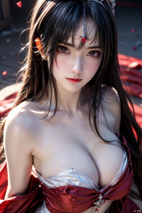 masterpiece, ultra quality, sharp focus,beautiful evil goddess, black streaked hair, torn,(strapless), upper body, large breasts,looking at viewer with sharp eyes, red glowing particles, dynamic angle, from above,tiara, (multicolored), 1 girl, damimi