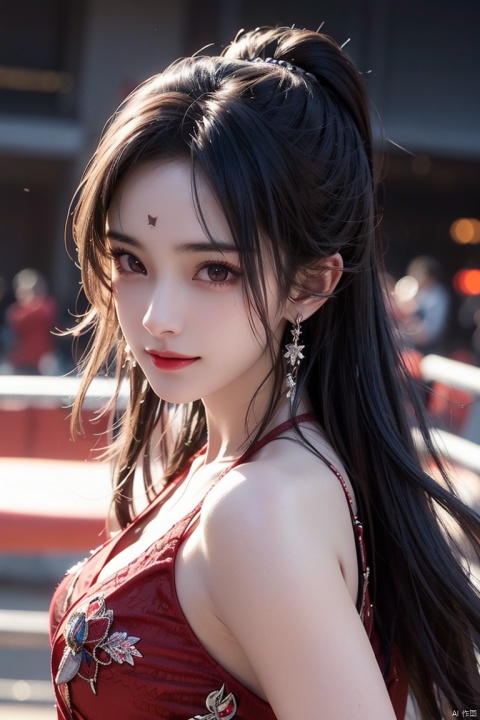  mimi,masterpiece,ultra quality,realistic,photo,1 girl,beautiful young (((boxer))),smile,detailed face,shiny skin,black straight hair,detailed eyes,looking side with sharp eyes,red glowing earrings,dynamic angle,(multicolored),1 girl,mimi, zzh