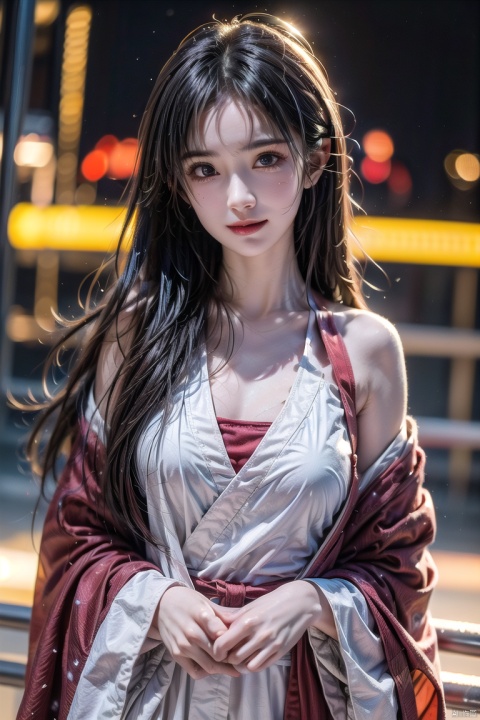 cinematic photo ,Best quality , (masterpiece:1.2) , cinematic photo,1girl,A beautiful girl in red hanfu, Standing in the wind andsnow, long hair blown by the wind,snow in the sky , upperbody,snowing,snowy day,in winter ,motion blur ,(happy:1.1),(smile:1.1),close-up,(face focus:1.1),front view ,35mm photograph, film, bokeh, professional, 4k, highly detailed,helgirls, , 1 girl