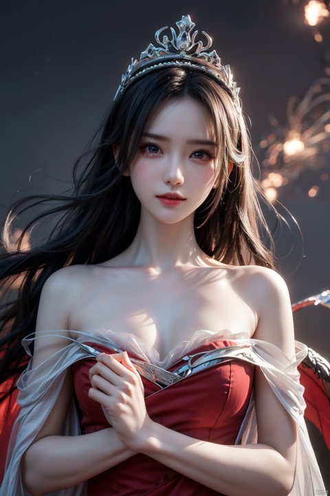  masterpiece, ultra quality, sharp focus,beautiful evil goddess, silver streaked hair, torn,(strapless), upper body, looking at viewer with sharp eyes, red glowing particles, dynamic angle, tiara, (multicolored), 1 girl, zzh, qingyi, mimi, liushi