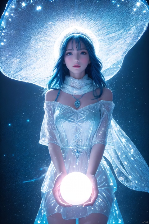  with blue skin blue hair wearing a large white witch hat standing,holding a glowing blue magic energy orb in her hands,dark background,particle effects,highly detailed,ultra-high resolutions,32K UHD,best quality,masterpiece,ukl,1girl,Exaggerated perspective,on the tokyo street,realistic,highres,female focus,solo,snowy day,scarf,hat,flying snow,