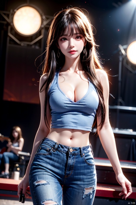 masterpiece,beat quality,woman standing front to the camera with the face,(cleavage),((( denim tank top))),(((blue jeans))) and (((playing a telecaster Guitar))) with finely detailed beautiful brown eyes and detailed face a sexy smile and long_hair,
cinematic lighting,(v-neck),
8k uhd,dslr,soft lighting,high quality,
on the concert stage with a female rock band.,
scandal rina,1 girl,zzh,