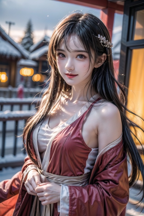 cinematic photo ,Best quality , (masterpiece:1.2) , cinematic photo,1girl,A beautiful girl in red hanfu, Standing in the wind andsnow, long hair blown by the wind,snow in the sky , upperbody,snowing,snowy day,in winter ,motion blur ,(happy:1.1),(smile:1.1),close-up,(face focus:1.1),front view ,35mm photograph, film, bokeh, professional, 4k, highly detailed,helgirls, , 1 girl