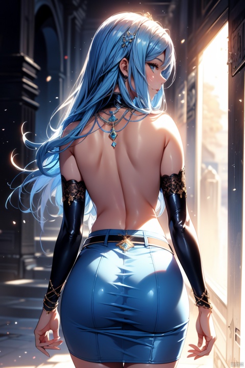best qualtiy,tmasterpiece,hight resolution,1girl, girl in blue clothes , close-up of face,mini pencil skirt,detailed back,beautiful back,shinny skin,long hair,belt, side light,Accentuate your butt,1 girl,
