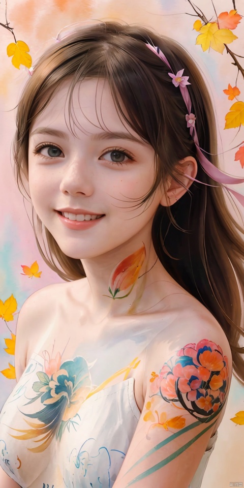  (8k, best quality, masterpiece:1.2),(best quality:1.0), (ultra highres:1.0), watercolor, a beautiful woman, shoulder, hair ribbons, by agnes cecile, (half body portrait:1.5), extremely luminous bright design, pastel colors, (ink:1.3), autumn lights,Indian,no_humans,cute face, seductive smile,(gigantic_breasts 1:1.1), (12yo woman), ((little girl)),jinmai,Fullbodytat,A radiant girl beaming with a genuine smile
