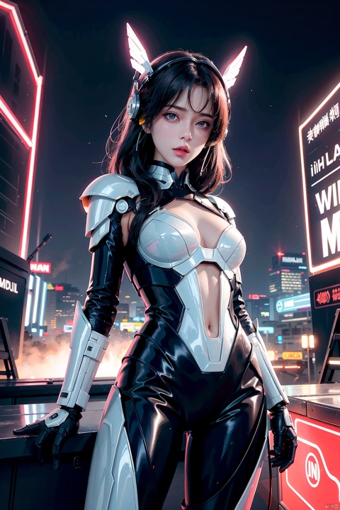 1 girl, 4k, semi realistic, ultra high definition, my entire body covered in sticky liquid, my body damp, professional illustrations, pose for photos, charming, looking at the audience, photo pose, head up, science fiction helmet, science fiction headwear, cyberpunk, complex details, red neon lights, Gundam, Valkyrie, Kunitsuki, OTT logo, Audi