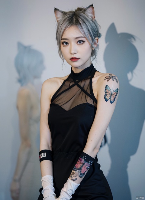  ((4k,masterpiece,best quality)), 1girl, cat ears, short hair, silver hair, white hair, purple eyes, butterfly, solo, gloves, tattoo, dress, black gloves, half gloves, arm tattoo, black dress, blue butterfly, looking at viewer, sleeveless, simple background, shoulder tattoo, sleeveless dress, backless dress, bare shoulders, backless outfit, upper body, back tattoo, closed mouth,