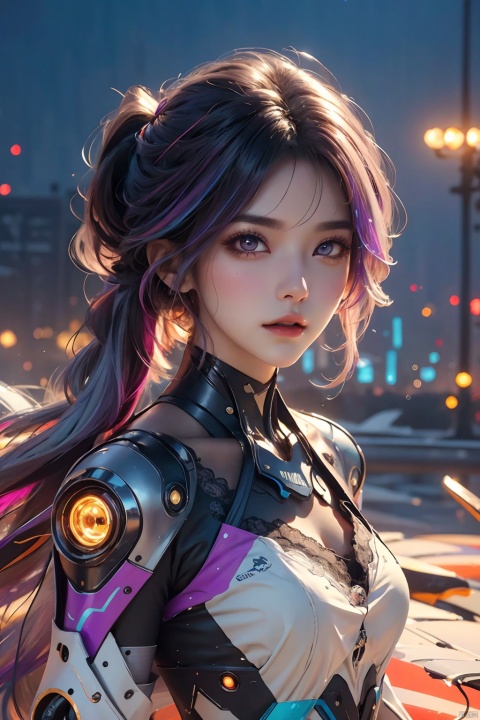  masterpiece, best quality, illustration, beautiful detailed eyes,colorful background,mechanical prosthesis,mecha coverage,emerging dark purple across with white hair,pig tails,disheveled hair,fluorescent purple,cool movement,rose red eyes,beatiful detailed cyberpunk city,multicolored hair,beautiful detailed glow,1 girl, expressionless,cold expression,insanity, long bangs,long hair, lace,dynamic composition, motion, ultra - detailed, incredibly detailed, a lot of details, amazing fine details and brush strokes, smooth, hd semirealistic anime cg concept art digital painting, (/qingning/), (\MBTI\), babata