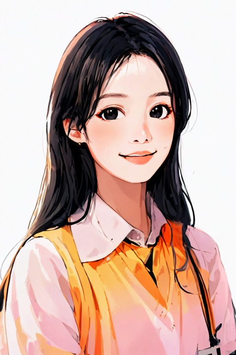  blooming cheer cartoon style,1girl,solo,long hair,black eyes, black hair,smile,upper body ,orange jacket,pink shirt,black hair ,looking at viewer,simple background, white background,(best quality), ((masterpiece)), (an extremely delicate and beautiful), original, extremely detailed wallpaper
, jijianchahua