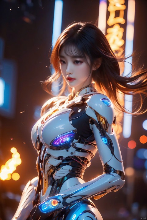  1girl,glowing,cyborg, energy,evening,fire,magic,Neon lights, blurry background, (\shen ming shao nv\), jiqing, (/qingning/), myinv, weapon,(\MBTI\)