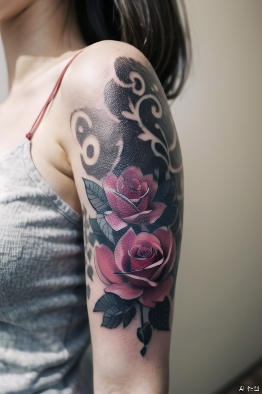 Est quality, masterpiece, ultra-high resolution, photo realism, arm close-up, arm tattoo, rose tattoo