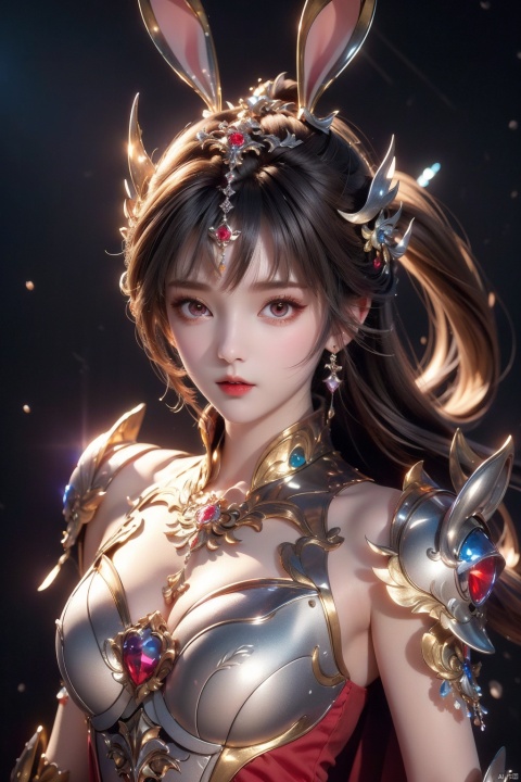  masterpiece,best quality,extremely high detailed,intricate,8k,HDR,wallpaper,cinematic lighting,(universe:1.4),Silver armor,glowing eyes,anthropomorphic rabbit mecha,red jewel, Armor inlaid with gemstones,xiaowu, loli