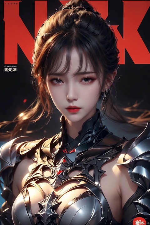  magazine, (cover-style:1.1), fashionable, 1girl,Black armor,Visual impact,A shot with tension,(upper body:1.0),cold attitude, Ear stud,tattoo,
, xiaowu
