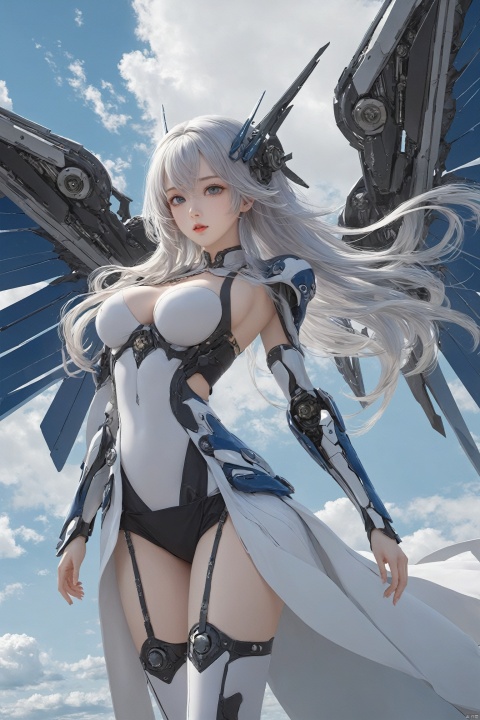  ((masterpiece)), ((best quality)), ((illustration)), extremely detailed,1 girl,mecha clothes,, big breasts,Dark white very_long_hair, scifi hair ornaments, beautiful detailed deep eyes, beautiful detailed sky, cinematic lighting, wind,Mechanical wings, thighhighs, onnk