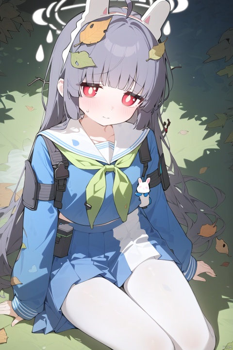  masterpiece, best quality, ,miyu \(blue archive\), 1girl,halo,leaf on head, ahoge,animal ears,black hair,long hair,red eyes,green neckerchief,blue school uniform,sailor collar,long sleeves,pleated skirt,white pantyhose, miyu \(blue archive\)