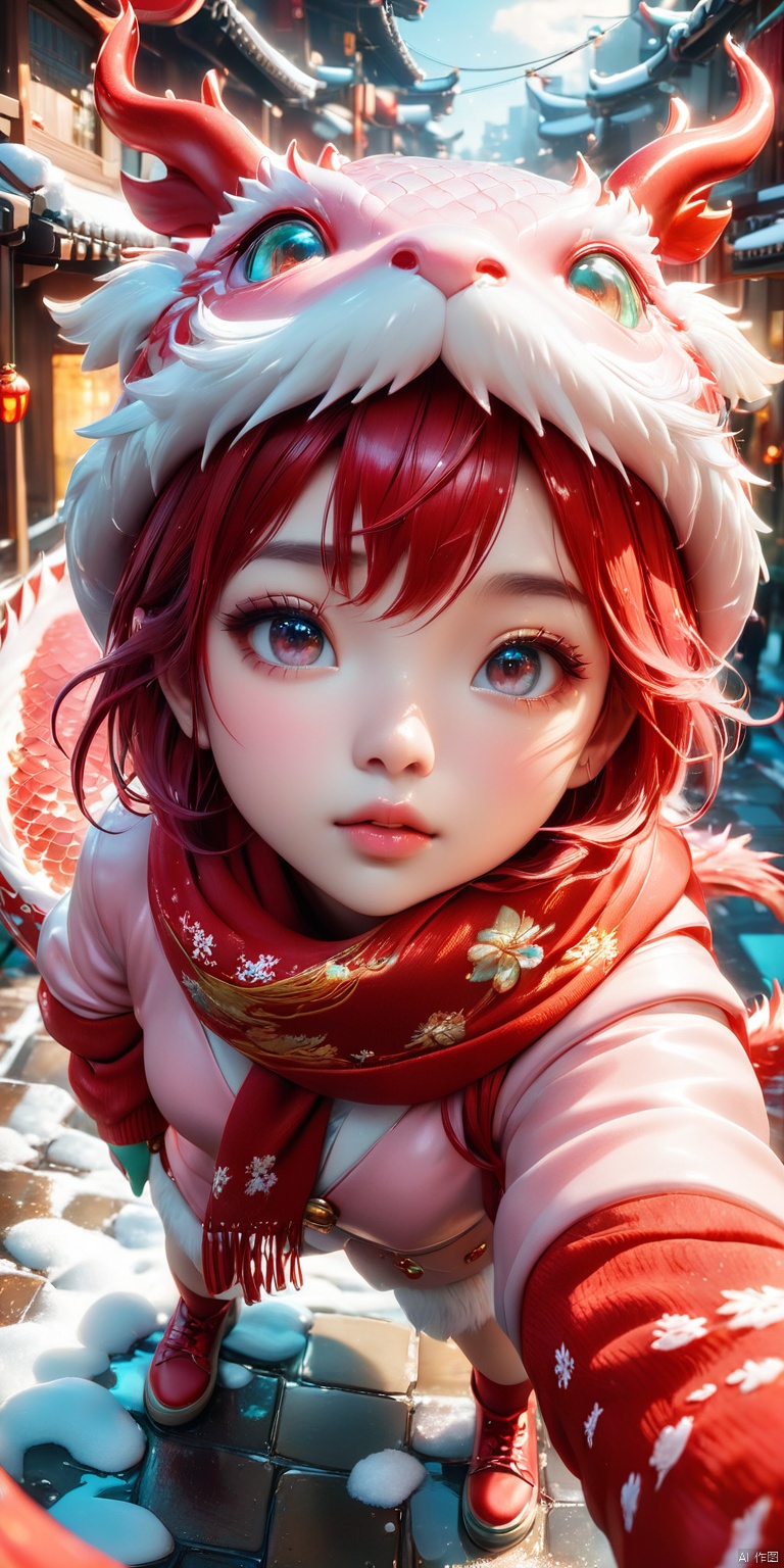  HD, CG, extreme details, fairy style, fisheye lens, exquisite facial features, clear pupils, moist lips, ((4k,masterpiece,best quality)), professional camera, 8k photos, wallpaper,masterpiece, best quality, ultra-detailed, detailed pupils, photography, pale, realistic skin texture, 1girl,Exaggerated perspective , ultra wide shot,reaching out hand,foreshortening, on the tokyo street, realistic, highres, female focus, solo,snowy day, scarf, hat, flying snow,fish-eye len,fish eye angle,A cute IP cartoon Chinese dragon, antlers, two hands,Pink dragon scales, standing, anthropomorphic, big eyes, bright light, beautiful light, cute, surreal,3D, C4D, octane render, clean background,Cute, festive, and festive for the Chinese New Year,With red color a girl formed of colored glaze, coloured glaze,jade,glass,translucent, coloured glaze, chibi, Ray Tracing, HDR, Illusory Rendering, Reasonable Design, High Detail, Masterpiece, Best Quality, Ultra high Definition, xihua