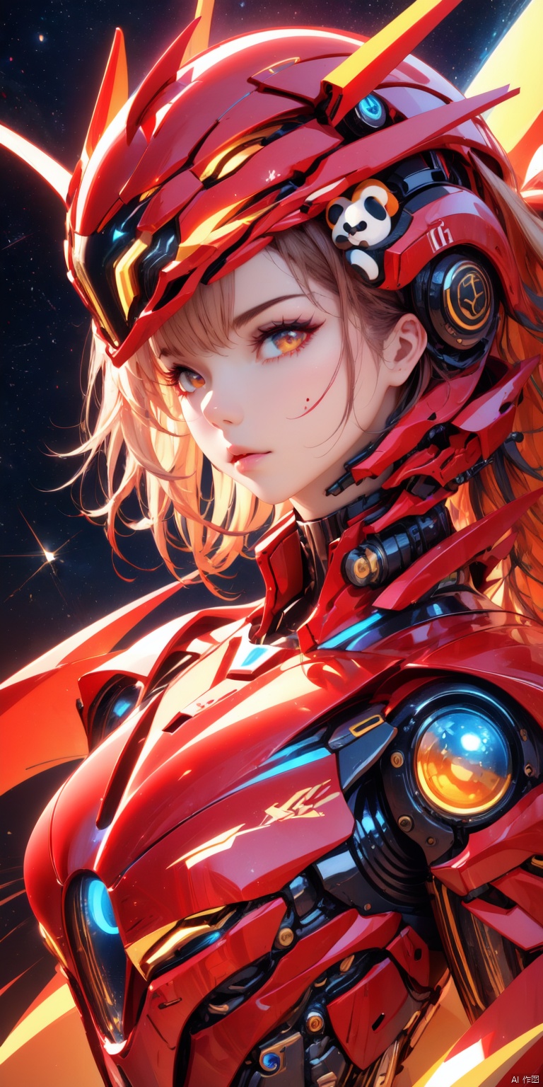 (((Cute girl's face, mechanical body))), cyberpunk mecha, (panda helmet), bright eyes, space background, detailed characterization, master level, mecha reflection, advanced rendering, sharp, The mecha is integrated with the body, clear bones, blood flow, exquisite facial features, colorful transparent infusion hose, ((Masterpiece)), illustration, best quality, very detailed CG unified 8k wallpaper, a very delicate and beautiful, game_cg, ((upper body)), cinematic lighting, hyper-realistic, (realistic style), solo, ultra-detailed, (telephoto lens)