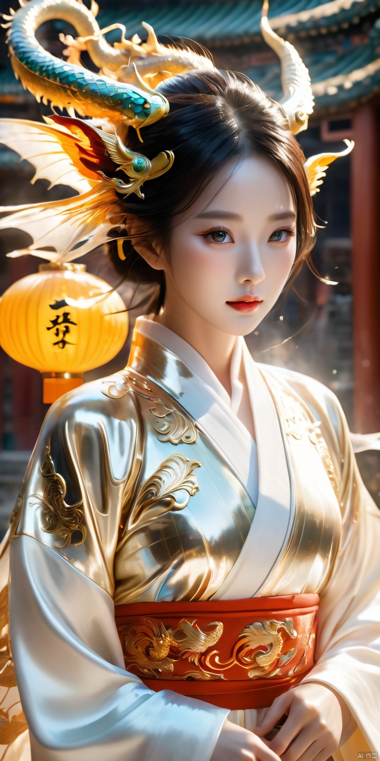  HD, CG, extreme details, fairy style, fisheye lens, exquisite facial features, clear pupils,professional camera, 8k photos, wallpaper, full body,Handsome Chinese dragon, white and gold basedancient Chinese robe, fluffy fur, cute features,A halo floating on the head,,Beautiful mechanical wings,The bustling urban background, front,cinematic lighting, ray tracing, Extreme viewing angle, fisheye lens,UHD, anatomicallycorrect,ccurate, super detail, high details, best quality, 16k, 8k, xihua