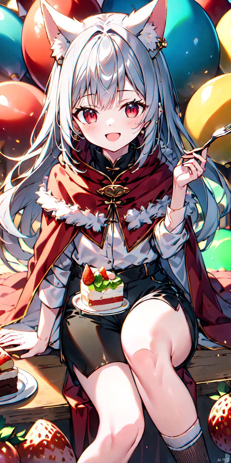  1girl, food, solo, cake, red eyes, crown, animal ears, holding, long hair, holding plate, holding fork, looking at viewer, smile, shorts, plate, sitting, grey hair, fork, open mouth, fruit, feet out of frame, bangs, strawberry, fishnets, socks, cape, shirt, fur trim, long sleeves, ear piercing, piercing, balloon, black shorts, red cloak, xihuabeauty, xihua
