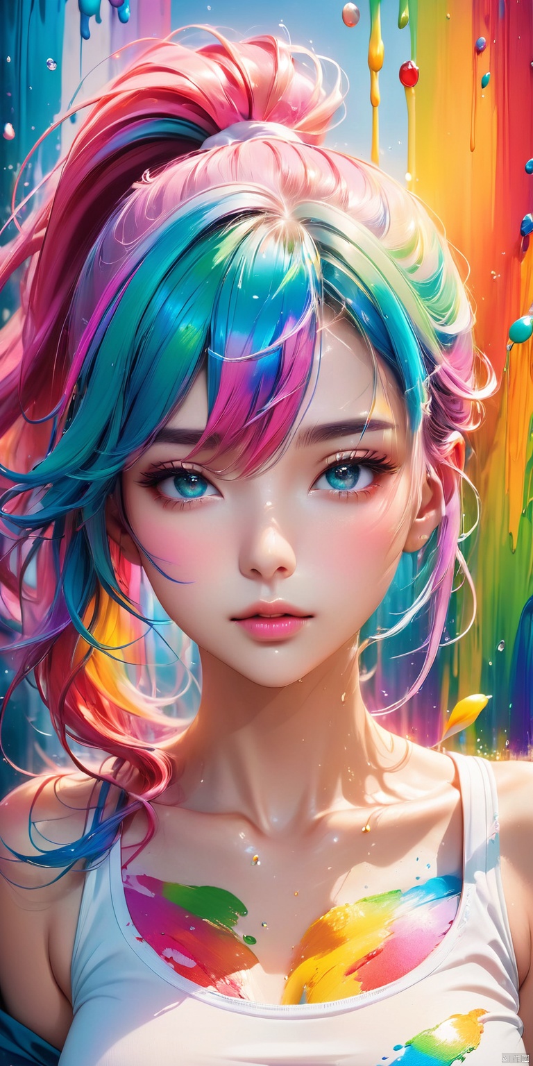  HD, CG, extreme details, fairy style, fisheye lens, exquisite facial features, clear pupils, moist lips, ((4k,masterpiece,best quality)), professional camera, 8k photos, wallpaper,Pink Fashion T-shirt:1.9),(Colorful hair: 1.8), (all the colours of the rainbow: 1.8),(((((vertical painting:1.6))), (painting:1.6),front, comics, illustrations, paintings, large eyes, crystal clear eyes,( rainbow color gradient high ponytail:1.7), exquisite makeup, closed mouth,(Small Fresh: 1.5),(Wipe Chest: 1.6) ,long eyelashes, white off shoulder T-shirt, White Shoulder Shirt,looking at the audience, large watery eyes, (rainbow colored hair:1.6), color splash, (solo:1.8), color splash, color explosion, thick paint style, messy lines, ((shining)),(colorful), (colorful), (colorful), colorful, Thick Paint Style, (Splash) (Color Splash), Vertical Painting, Upper Body, Paint Splash, Acrylic Pigment, Gradient, Paint, Highest Image Quality, Highest Quality, Masterpiece, Solo, Depth of Field, Face Paint, colorful clothes, (Elegant: 1.2), gorgeous,long hair, wind, (Elegant: 1.3), (Petals: 1.4),(((masterpiece))),(((best quality))),((ultra-detailed)),(illustration),(dynamic angle),((floating)),(paint),((disheveled hair)),(solo),(1girl) , (((detailed anima face))),((beautiful detailed face)),collar,bare shoulders,white hair, ((colorful hair)),((streaked hair)),beautiful detailed eyes,(Gradient color eyes),(((colorful eyes))),(((colorful background))),(((high saturation))),(((surrounded by colorful splashes))),, xihua