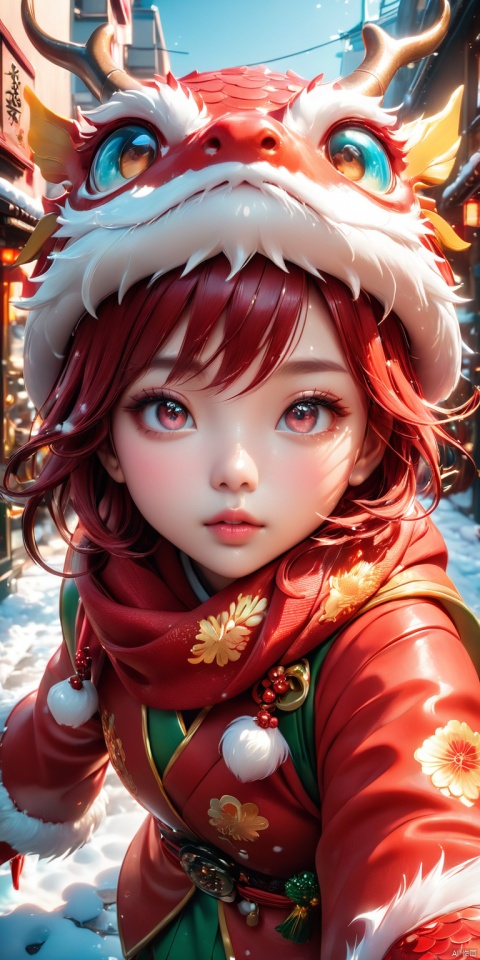  HD, CG, extreme details, fairy style, fisheye lens, exquisite facial features, clear pupils, moist lips, ((4k,masterpiece,best quality)), professional camera, 8k photos, wallpaper,masterpiece, best quality, ultra-detailed, detailed pupils, photography, pale, realistic skin texture, 1girl,Exaggerated perspective , ultra wide shot,reaching out hand,foreshortening, on the tokyo street, realistic, highres, female focus, solo,snowy day, scarf, hat, flying snow,fish-eye len,fish eye angle,A cute IP cartoon Chinese dragon, antlers, two hands,Pink dragon scales, standing, anthropomorphic, big eyes, bright light, beautiful light, cute, surreal,3D, C4D, octane render, clean background,Cute, festive, and festive for the Chinese New Year,With red color a girl formed of colored glaze, coloured glaze,jade,glass,translucent, coloured glaze, chibi, Ray Tracing, HDR, Illusory Rendering, Reasonable Design, High Detail, Masterpiece, Best Quality, Ultra high Definition, xihua