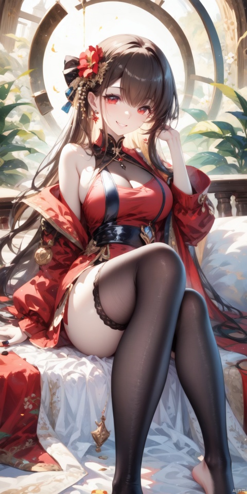 (best quality),(masterpiece),1girl, detached sleeves, solo, brown hair, smile, thighhighs, looking at viewer, toes, hair ornament, shirt, toenails, feet, nail polish, sitting, flower, barefoot, bow, toenail polish, sleeveless, hair flower, grin, bangs, black nails, long hair, red eyes, jewelry, black thighhighs, red shirt, toeless legwear, sleeveless shirt, brown thighhighs, maolilan
