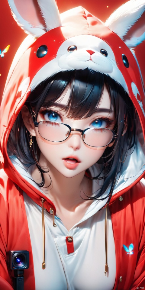  HD, CG, extreme details, fairy style, exquisite facial features, clear pupils,professional camera, 8k photos, wallpaper, 1girl, solo, long hair, looking at viewer, open mouth, bangs, blue eyes, large breasts, solo, black hair, animal ears, male focus, glasses, hood, rabbit ears, black eyes, mask, red background, new year, mouth mask, surgical mask, 8k, xihua