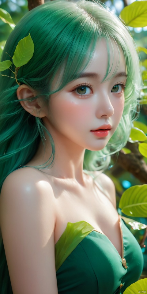  HD, CG, extreme details, fairy style, fisheye lens, exquisite facial features, clear pupils, moist lips, ((4k,masterpiece,best quality)), professional camera, 8k photos, wallpaper Masterpiece, best quality, extremely fine CG unified 8k wallpaper, very fine, texture, fine details, extremely fine and beautiful, delicate and beautiful face, loli,1girl, solo, petite,loli,elf girl,pointy_ears,small breast, :),Trees, huge trees, Sitting on a branch of a tree, (chibi:0.1), masterpiece,bestquality, white hair,green hair,green eyes,symbol-shaped pupils, bangs, breasts,cross-shaped pupils, hair ornament, gradient hair,bare foot, , ((super detailed details)), ultra- high resolution, 8k, fisheye lens, beautiful, xihua