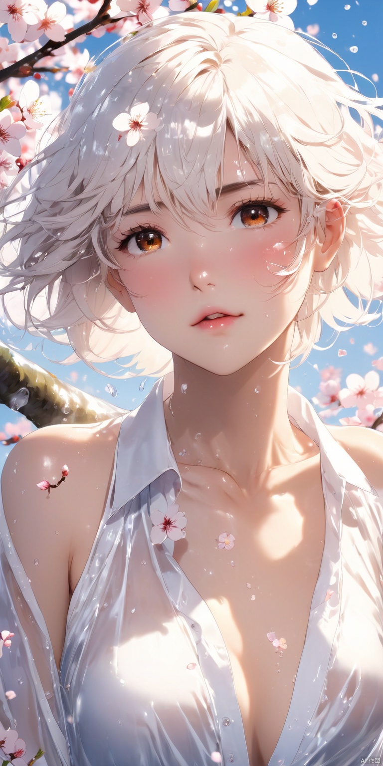  HD Ultra HD, highest quality girl masterpiece exquisite CG detailed facial description messy hair white short hair white pupils white transparent undershirt wet body perfect collarbone girl close-up cherry blossom tree (white transparent shirt covers the chest)