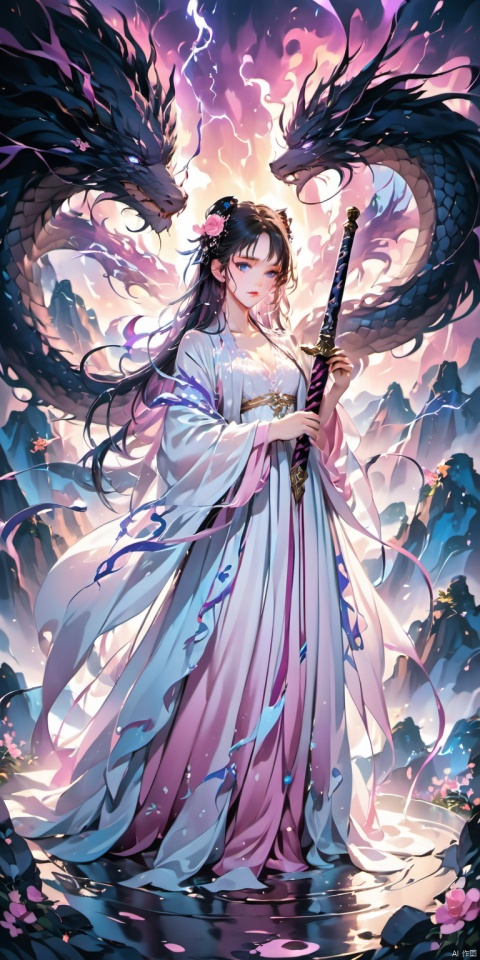   HD, CG, extreme details, fairy style, an oriental beauty, exquisite facial features, clear pupils, moist lips, long black hair, white silk Hanfu, streamers, standing on a flying sword, emitting sword energy, flowers everywhere on the mountains, super detailed Details, ultra-high resolution, 8k, fisheye lens, beautiful, Original, illustration, best quality, masterpiece, very detailed CGUnity8K wallpaper, color, IMID shot 5, full body 5, dynamic angle, solo, bottom of the bottle, 1 young cute girl 5 with Lolita, the legendary lightning sword , detailed beautiful eyes, beautiful face, glowing blue eyes //, silvery pink gradient tousled hair/, +perfect hand +1, air bangs, explosive lightning, perfect sword 1, +++ lightning intertwined with sword /, expressionless face, bottom of bottle, purple flames around the wings behind the girl, Black Dragon King behind the girl