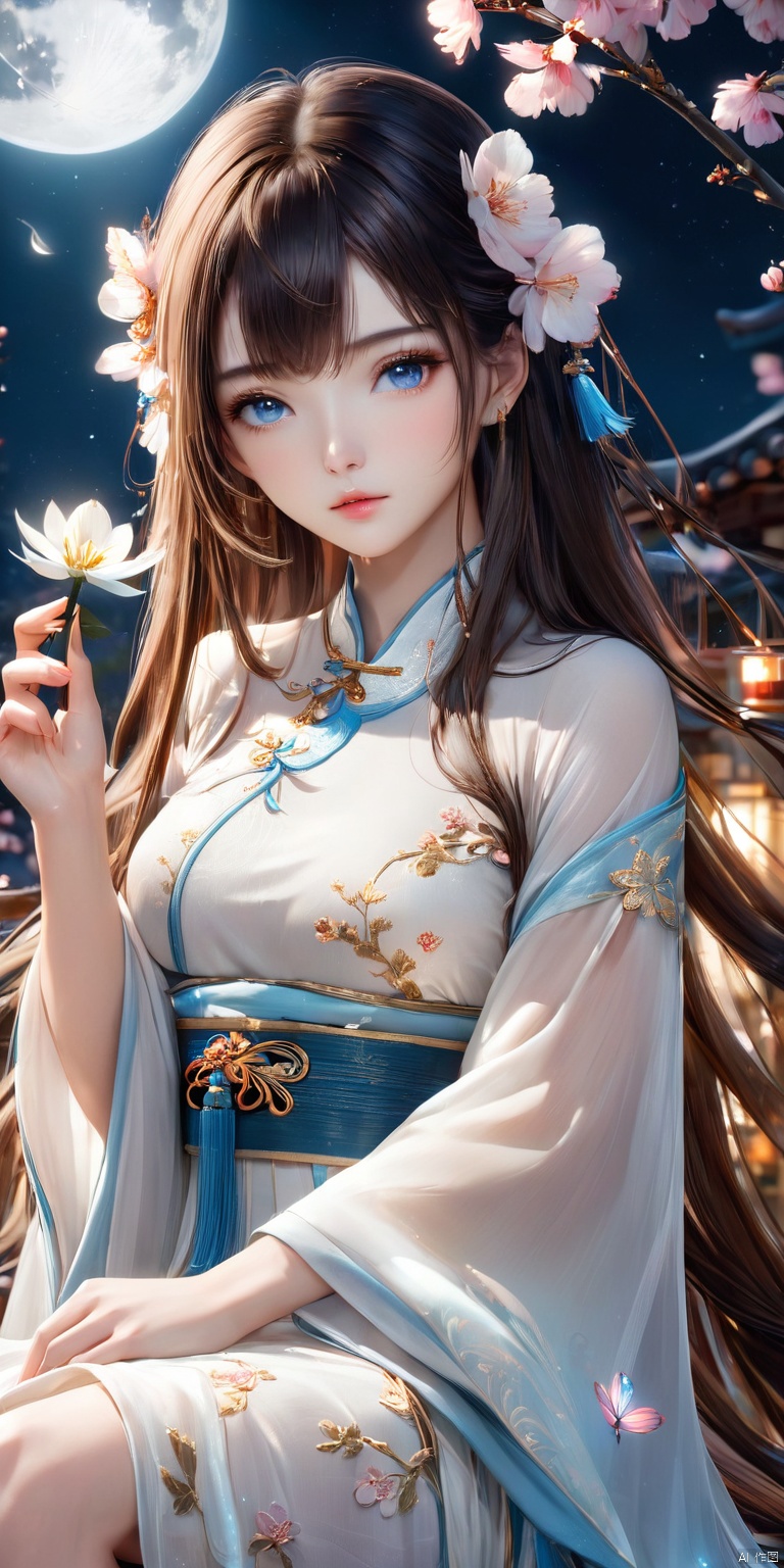 HD, CG, extreme details, fairy style, exquisite facial features,(super clear pupils), 8k, wallpaper, 1girl, solo, long hair, looking at viewer, blue eyes, brown hair, black hair, long sleeves, dress, holding, sitting, closed mouth, flower, wide sleeves, white dress, lips, night, chinese clothes, moon, cherry blossoms, full moon, stairs, branch, holding flower, 8k, xihua