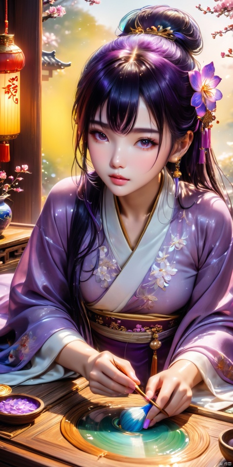  HD, CG, extreme details, fairy style, fisheye lens, exquisite facial features, clear pupils, moist lips, ((4k,masterpiece,best quality)), professional camera, 8k photos, wallpaper,An ancient Chinese girl, black hair, Hanfu, is embroidering sachet, full body image, purple coat, white skirt embroidered yellow flowers, rose purple fox hair shawl, with purple jade pearl hairpin,a girl formed of colored glaze,
coloured glaze,jade,glass,translucent,
coloured glaze,Ray Tracing, HDR, Illusory Rendering, Reasonable Design, High Detail, Masterpiece, Best Quality, Ultra high Definition, xihua