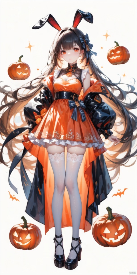  1girl,orange_bow,orange_dress,long_hair,solo,very_long_hair,halloween,orange_ribbon,animal_ears,bow,dress,orange_footwear,red_eyes,rabbit_ears,long_sleeves,full_body,shoes,white_legwear,jack-o'-lantern,white_background,looking_at_viewer,hair_bow,standing,brown_footwear,closed_mouth