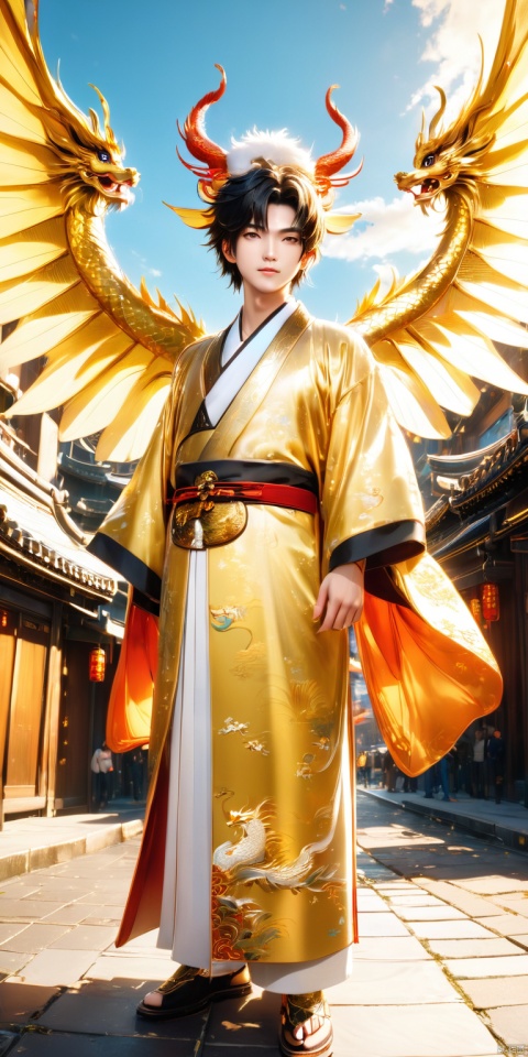  HD, CG, extreme details, fairy style, fisheye lens, exquisite facial features, clear pupils,professional camera, 8k photos, wallpaper, full body,Handsome Chinese dragon, white and gold basedancient Chinese robe, fluffy fur, cute features,A halo floating on the head,,Beautiful mechanical wings,The bustling urban background, front,cinematic lighting, ray tracing, Extreme viewing angle, fisheye lens,UHD, anatomicallycorrect,ccurate, super detail, high details, best quality, 16k, 8k, xihua