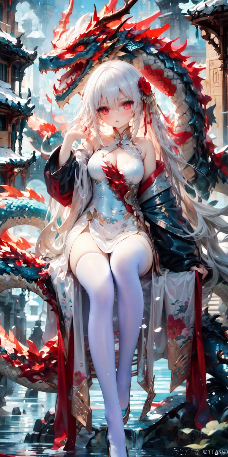 1girl,blue bow,red eyes,long hair,very long hair,long sleeves,solo,bow,hair between eyes,bangs,dress,white legwear,white hair,(a dragon:1),a Red and white dragon, big dragon