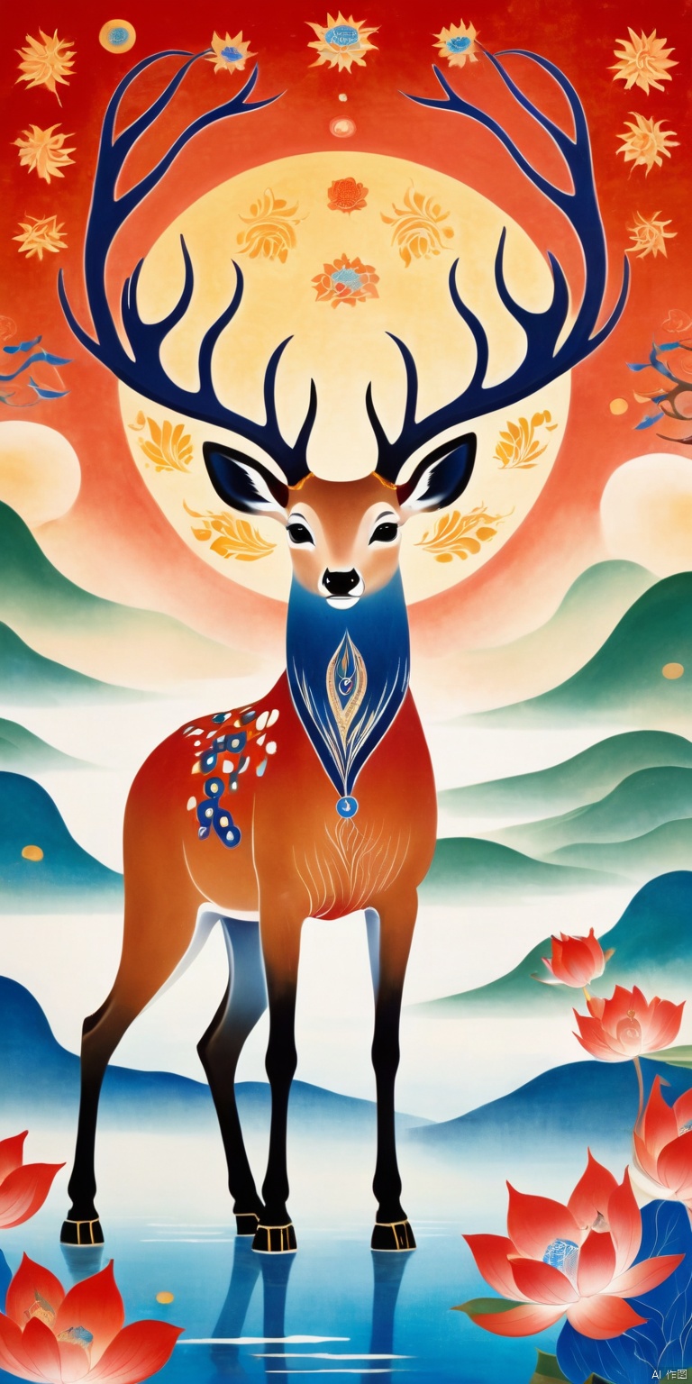  Dunhuang art style illustration,a magnificent nine-colored deer surrounded by auspicious clouds ,（The deer was shining with stars：1.36）
Standing in the lotus pond ,extremely delicate brushstrokes, soft and smooth, China red and indigo, golden background