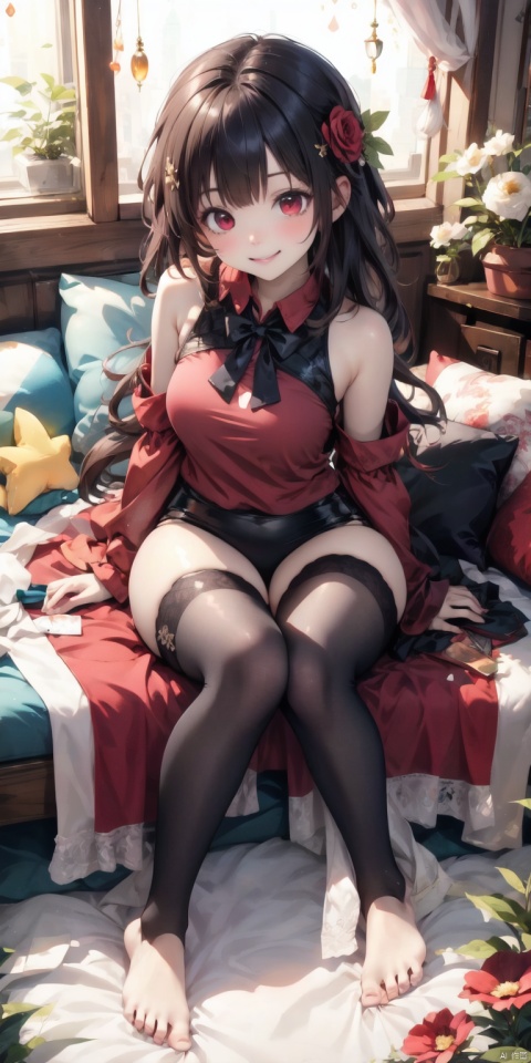  (best quality),(masterpiece),1girl, detached sleeves, solo, brown hair, smile, thighhighs, looking at viewer, toes, hair ornament, shirt, toenails, feet, nail polish, sitting, flower, barefoot, bow, toenail polish, sleeveless, hair flower, grin, bangs, black nails, long hair, red eyes, jewelry, black thighhighs, red shirt, toeless legwear, sleeveless shirt, brown thighhighs, maolilan