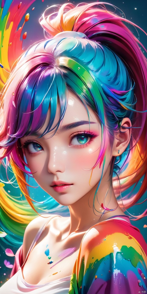  HD, CG, extreme details, fairy style, fisheye lens, exquisite facial features, clear pupils, moist lips, ((4k,masterpiece,best quality)), professional camera, 8k photos, wallpaper,Pink Fashion T-shirt:1.9),(Colorful hair: 1.8), (all the colours of the rainbow: 1.8),(((((vertical painting:1.6))), (painting:1.6),front, comics, illustrations, paintings, large eyes, crystal clear eyes,( rainbow color gradient high ponytail:1.7), exquisite makeup, closed mouth,(Small Fresh: 1.5),(Wipe Chest: 1.6) ,long eyelashes, white off shoulder T-shirt, White Shoulder Shirt,looking at the audience, large watery eyes, (rainbow colored hair:1.6), color splash, (solo:1.8), color splash, color explosion, thick paint style, messy lines, ((shining)),(colorful), (colorful), (colorful), colorful, Thick Paint Style, (Splash) (Color Splash), Vertical Painting, Upper Body, Paint Splash, Acrylic Pigment, Gradient, Paint, Highest Image Quality, Highest Quality, Masterpiece, Solo, Depth of Field, Face Paint, colorful clothes, (Elegant: 1.2), gorgeous,long hair, wind, (Elegant: 1.3), (Petals: 1.4),(((masterpiece))),(((best quality))),((ultra-detailed)),(illustration),(dynamic angle),((floating)),(paint),((disheveled hair)),(solo),(1girl) , (((detailed anima face))),((beautiful detailed face)),collar,bare shoulders,white hair, ((colorful hair)),((streaked hair)),beautiful detailed eyes,(Gradient color eyes),(((colorful eyes))),(((colorful background))),(((high saturation))),(((surrounded by colorful splashes))),, xihua