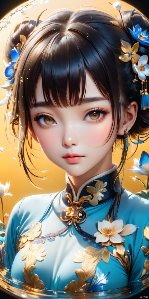 HD, CG, extreme details, fairy style, fisheye lens, exquisite facial features, clear pupils, moist lips, ((4k,masterpiece,best quality)), professional camera, 8k photos, wallpaper Masterpiece, best quality, extremely fine CG unified 8k wallpaper, very fine, texture, fine details, extremely fine and beautiful, delicate and beautiful face, new chinese style,((loli)), 1girl,solo,closed eyes,black hair,hair bun,flower,bird,hair ornament,standing,blush,long sleeves,yellow background,crane (animal),double bun,blue flower,bangs,white flower, symmetrical composition, ((super detailed details)), ultra- high resolution, 8k, fisheye lens, beautiful, xihua
