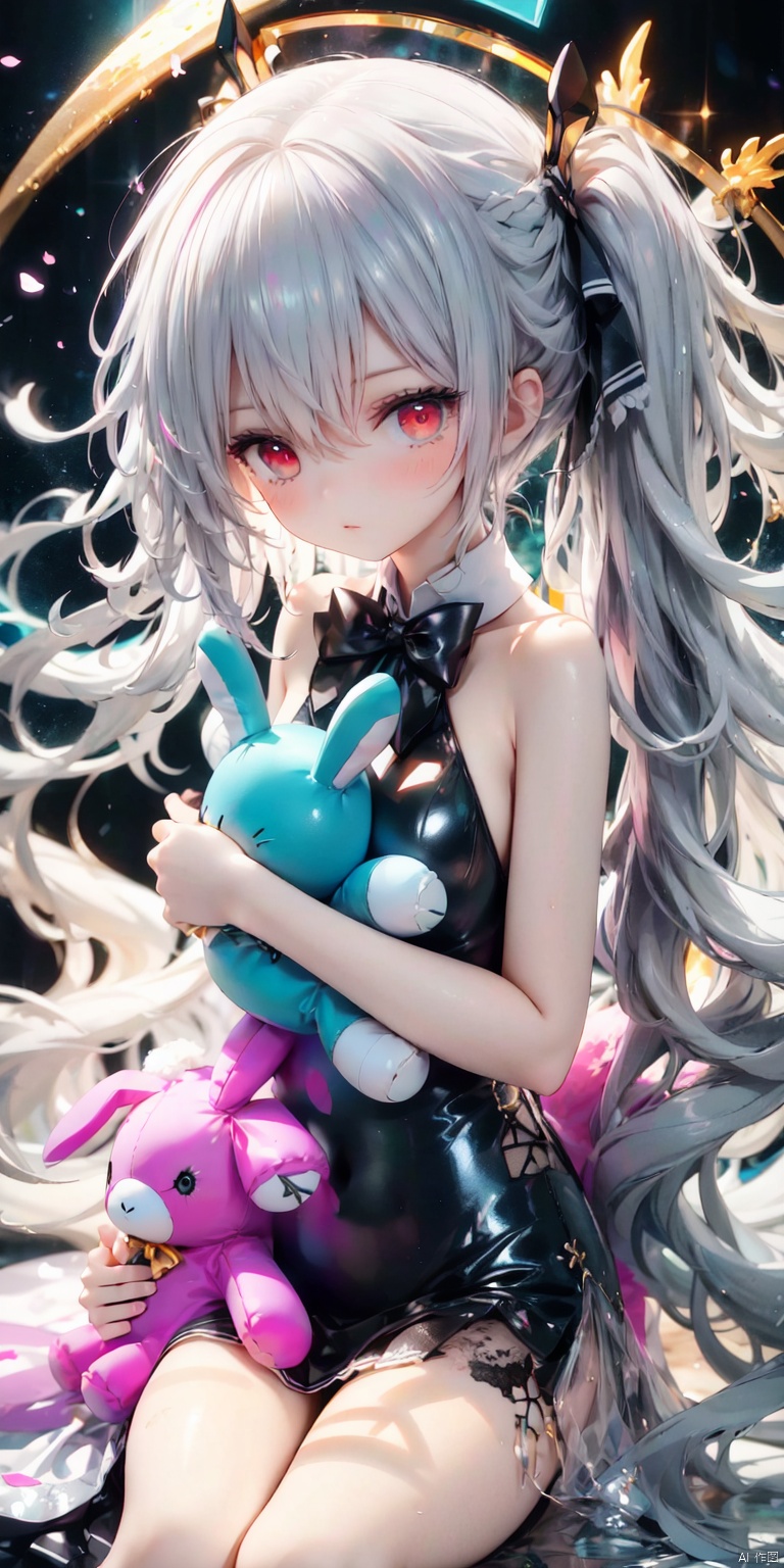  masterpiece,best quality,high quality,(colorful),[Artist onineko],[Artist chen bin],[Artist agwing86],Artist rurudo, 1girl, halo, twintails, stuffed toy, solo, stuffed animal, long hair, looking at viewer, stuffed rabbit, sleeveless, bare shoulders, red eyes, bow, hair bow, page number, braid, dress, holding, black bow, frills, closed mouth, simple background, holding stuffed toy, white hair, grey hair, bandages, bowtie, black skirt, ribbon, sleeveless dress, white shirt, black background, shirt, hair between eyes, bare arms