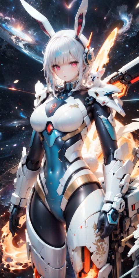  masterpiece,best quality,extremely high detailed,intricate,8k,HDR,wallpaper,cinematic lighting,(universe:1.4),Silver armor,glowing eyes,anthropomorphic rabbit mecha