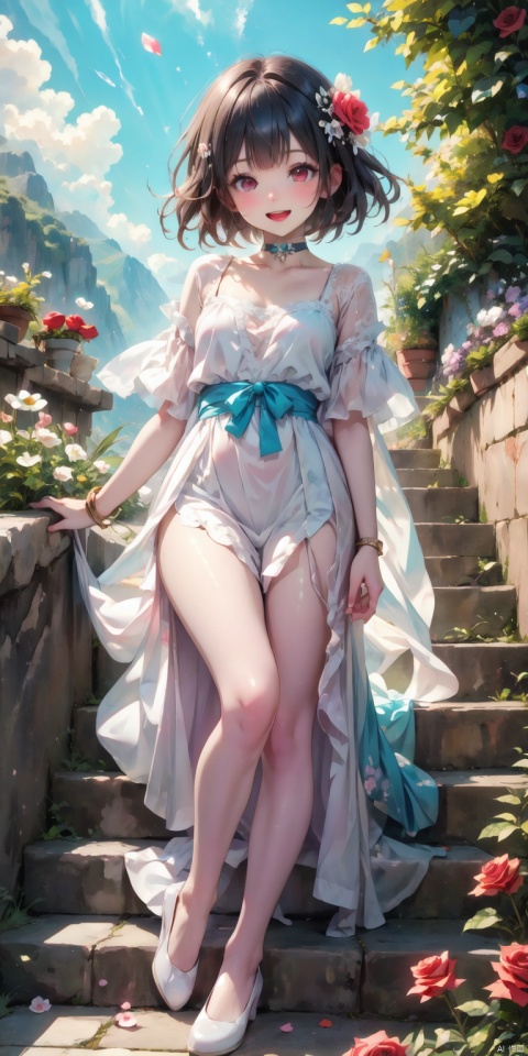 Ultra-clear, ultra-detailed, ((detailed depiction)), ultimate picture quality, CG,8k Wallpaper,(((masterpiece))), (((best quality))), ((ultra-detailed)), 1girl,:d,aqua rose,blue flower,blue rose,blue sky,bob cut,bow,choker,colored inner hair,diagonal bangs,dress,dress flower,falling petals,flower,flower bush,flower choker,footwear bow,grey hair,grin,hair flower,hair ornament,inverted bob,looking at viewer,mary janes,mountainous horizon,multicolored hair,open mouth,pantyhose,petals,pink flower,pink rose,red eyes,red hair,rose,see-through,see-through sleeves,shoes,short hair,short sleeves,single wrist cuff,sitting,sitting on stairs,sky,smile,solo,stairs,streaked hair,white bow,white choker,white dress,white footwear,white pantyhose,white wrist cuffs,wrist cuffs, flowers