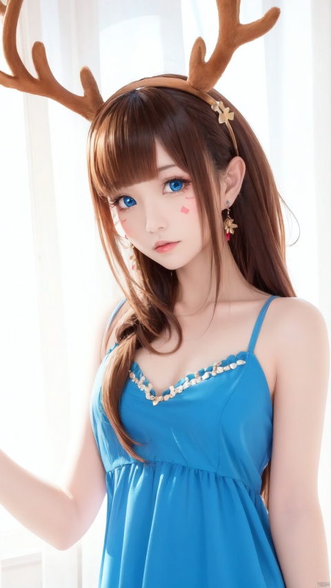  1girl, solo, long hair, looking at viewer, blue eyes, brown hair, hair ornament, dress, bare shoulders, jewelry, upper body, earrings, blue dress, facial mark, expressionless, forehead mark, antlers, Super clear, super detailed