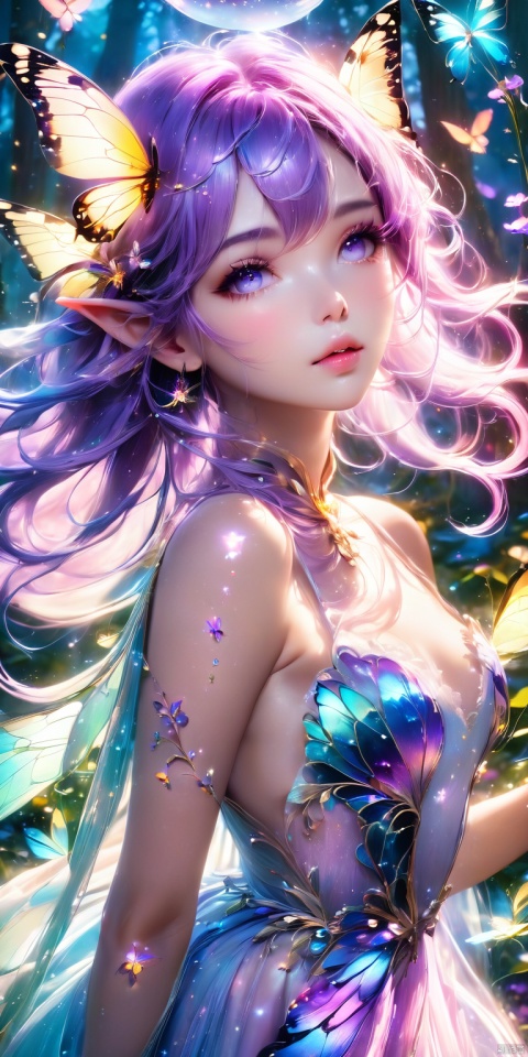  HD, CG, extreme details, fairy style, fisheye lens, exquisite facial features, clear pupils, moist lips, ((4k,masterpiece,best quality)), professional camera, 8k photos, wallpaper 1 girl, solo,purple hair,ethereal fairy, floating on clouds, sparkling gown with iridescent butterfly wings, holding a magic wand, surrounded by dancing fireflies, twilight sky, full moon, mystical forest in the background, glowing mushrooms, enchanted flowers, softly illuminated by bioluminescence, serene expression, delicate features with pointed ears, flowing silver hair adorned with tiny stars, gentle breeze causing her dress and hair to flow ethereally, dreamlike atmosphere, surreal color palette, high dynamic range lighting, intricate details, otherworldly aesthetic, ((super detailed details)), ultra- high resolution, 8k, fisheye lens, beautiful, xihua