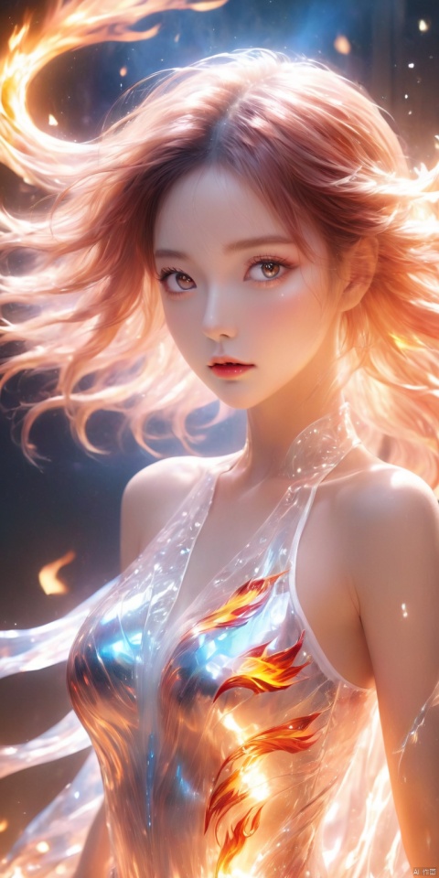 masterpiece, best quality, ultra-detailed, detailed pupils, photography, pale, realistic skin texture, 1girl, Simple background, indoor, lying, on back, from front, blush, brown eyes, close-up, uncensored, clear background, Glowing particles, lightning and thunder, messy hair, Phoenix, Solo, charming woman, ((flame women's war skirt)), messy flame long hair, glowing hair, floating hair, red pupils, flame tube top, Full body flames, beautiful detailed eyes, beautiful detailed face, ((flame wings)), ((transparent flame wrap)), phoenix behind, HD, ultra HD, 16K high quality, highest quality, masterpiece, masterpiece, top CG rendering, brilliant flame wings, exquisite facial features, big ((real eyes)), crystal pupils, messy hair, exquisite appearance, beautiful eyes, long eyelashes, silver pupils, light makeup, hot Body, light pink skin is delicate, smooth and reflective, perfect collarbone, (transparent flame lace scarf), flame silk tube top, ((full breasts)) (large size breasts), ((flame ketone body)), (full The body with flames is hot and enchanting), the light pink skin is delicate, smooth and shiny, the perfect figure, (glossy thighs), (((full body photo))), ((full body flame battle skirt)), hot, close Photography, realistic, real texture, real photos, cinematic feel, high quality, studio lighting, telephoto, depth of field, large depth of field masterpiece, top CG rendering, highest image quality, ultra-clear, flame beauty