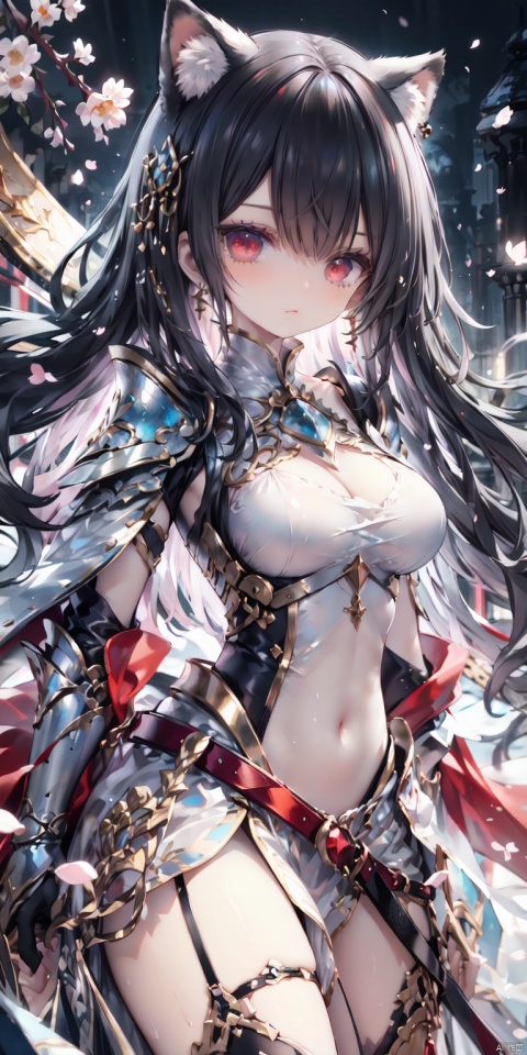  Ultra-clear, ultra-detailed, ((detailed depiction)), 1girl, solo, long hair, breasts, looking at viewer, bangs, black hair, hair ornament, red eyes, gloves, dress, ribbon, animal ears, jewelry, medium breasts, closed mouth, standing, hair ribbon, weapon, flower, cowboy shot, earrings, black gloves, belt, armor, red ribbon, lips, petals, swept bangs, wind, shoulder armor, gauntlets, arm at side, pauldrons, breastplate, vambraces, faulds, ultimate picture quality, CG