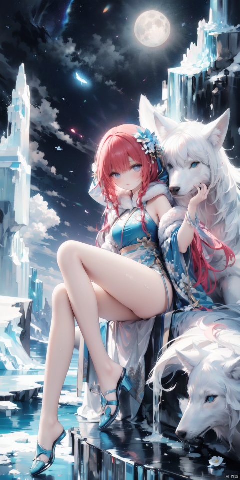 (A cold woman in an ice shooter costume sits on the edge of an ice cliff,Archer with ice bow:1.2),(Red hair: 1.5),(Blue fluffy hood,blue colored eyes,White hair,Delicate and beautiful face:1.3),Fine and perfect anatomy,dynamicposes,snowy day,Fantasyart,There is a white wolf next to him,Background of glaciers,Beneath your feet are ice cliffs,blanche_Blue gradient rendering,Highest image quality,Highest high resolution,high detal,Object shadows,Dynamic light sources,Cloudy days,Screen dim,tmasterpiece,offcial art,Whole body diagram,The white wolf lay beside the woman,Detail portrayal of hair,,moonriver,tianqingniu,flower,1 girl