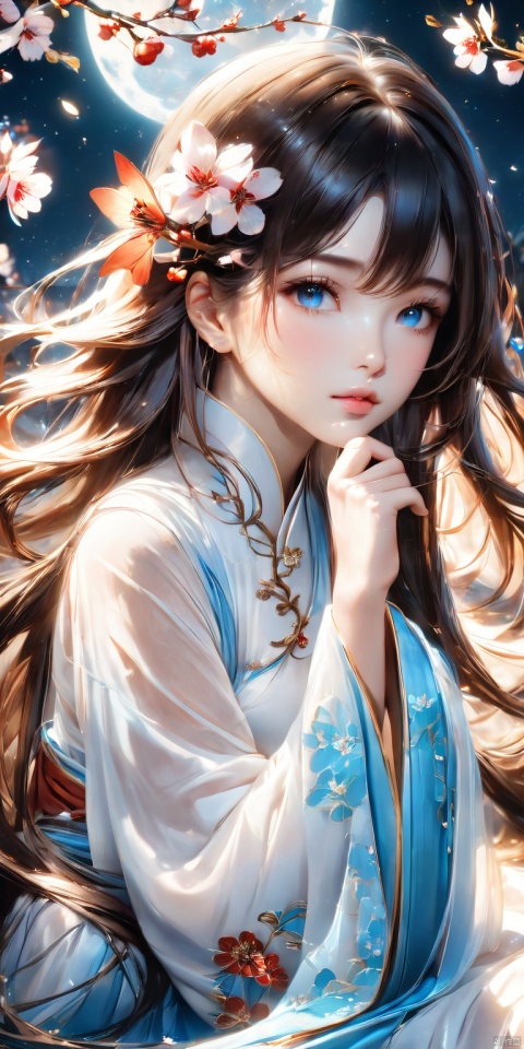 HD, CG, extreme details, fairy style, exquisite facial features,(super clear pupils), 8k, wallpaper, 1girl, solo, long hair, looking at viewer, blue eyes, brown hair, black hair, long sleeves, dress, holding, sitting, closed mouth, flower, wide sleeves, white dress, lips, night, chinese clothes, moon, cherry blossoms, full moon, stairs, branch, holding flower, 8k, xihua