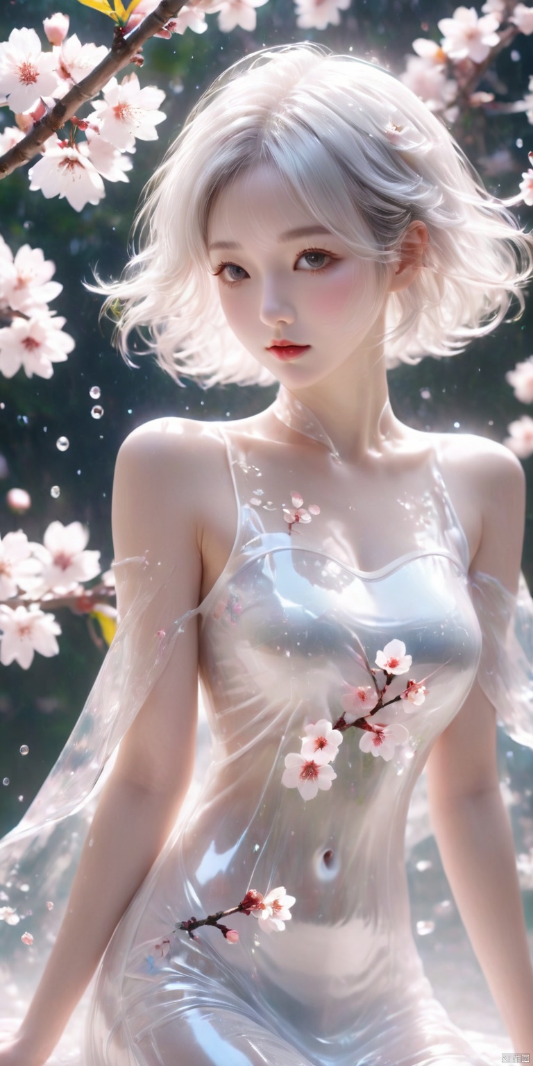  HD Ultra HD, highest quality girl masterpiece exquisite CG detailed facial description messy hair white short hair white pupils white transparent undershirt wet body perfect collarbone girl close-up cherry blossom tree (white transparent shirt covers the chest),,dress